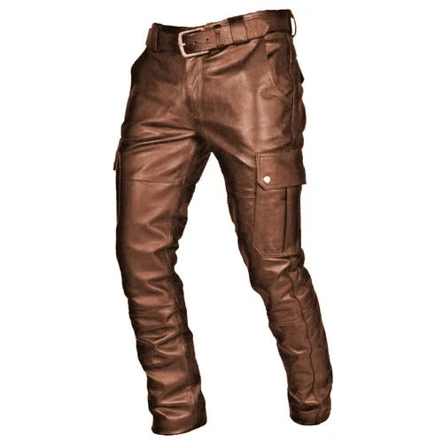 Stoere leren cargobroek voor heren, ideaal als motorbroek of stijlvolle alledaagse mode voor de motorrijder.