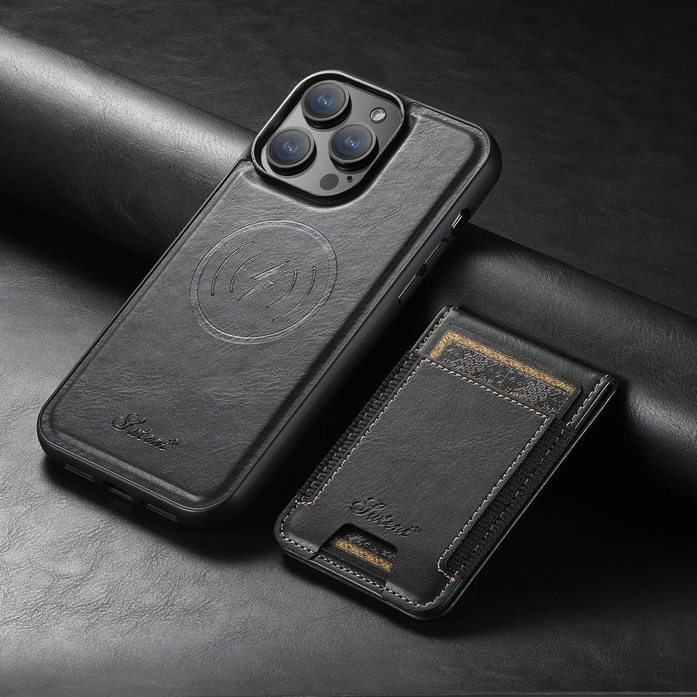 Luxe zwarte leren iPhone MagSafe hoes met slank design en handige kaartsleuf voor pasjes.