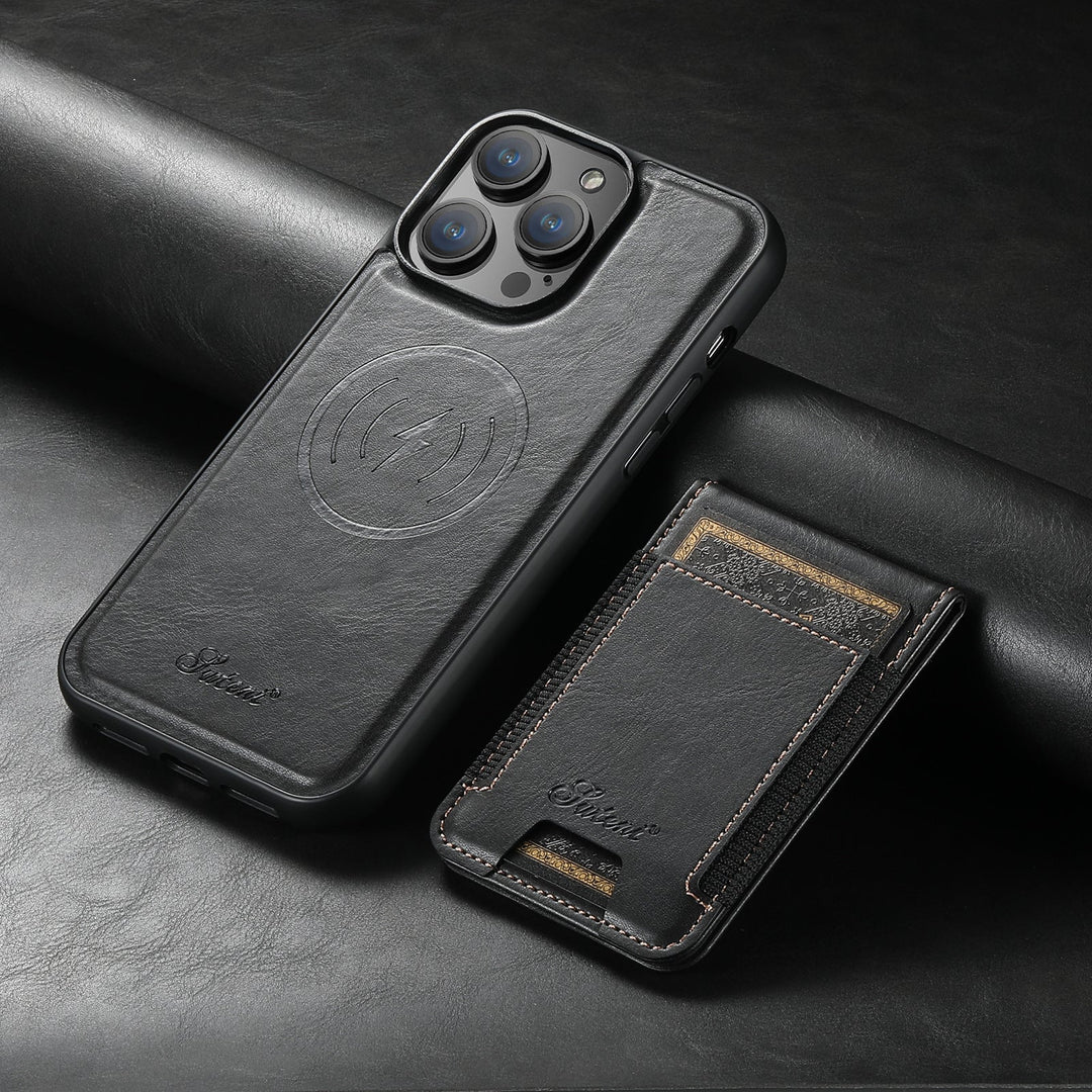 Luxe zwarte leren iPhone MagSafe hoes met slank design en handige kaartsleuf voor pasjes.