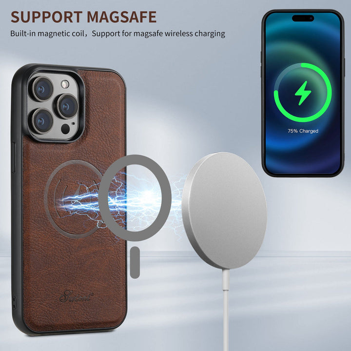 Duurzame leren iPhone beschermhoes met MagSafe compatibiliteit en veilige kaarthouder in bruin.