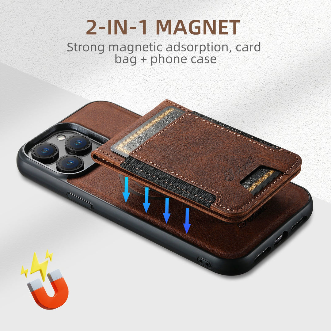 Stijlvolle blauwe leren iPhone kaarthouder hoes, compatibel met MagSafe voor draadloos opladen.