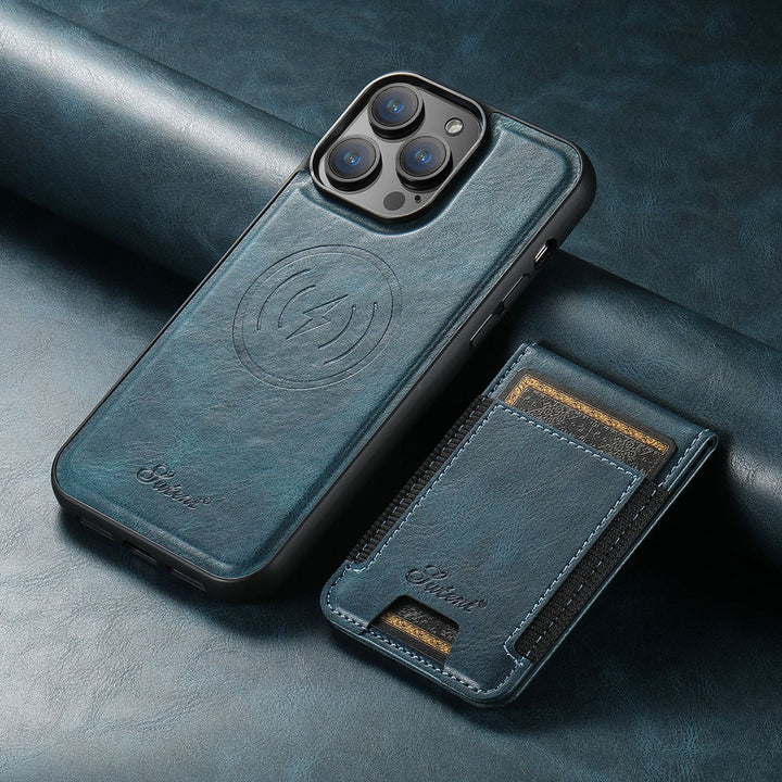 Khaki leren iPhone MagSafe hoes. Slank design biedt premium bescherming en een handige kaarthouder.