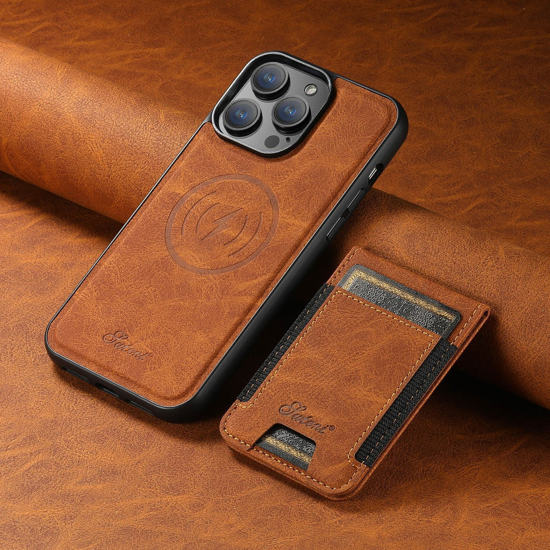 Hoogwaardige leren iPhone hoes in diverse kleuren, inclusief MagSafe en geïntegreerde kaarthouder.