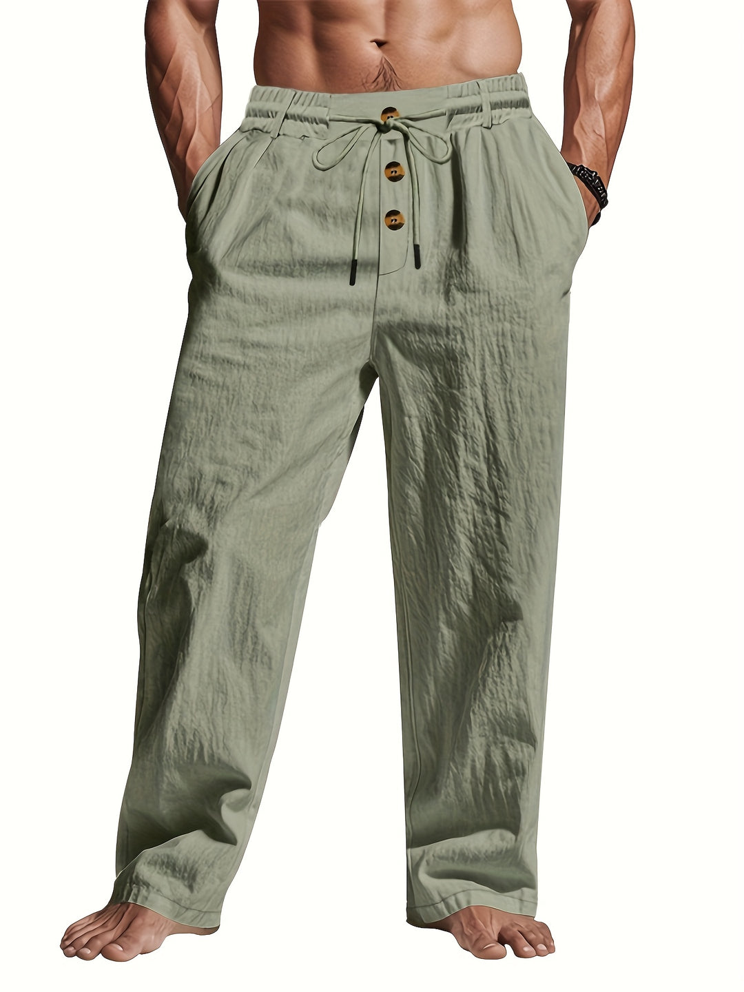 Zomerse herenbroek van licht linnen, met trekkoord voor ultiem draagcomfort en mode.