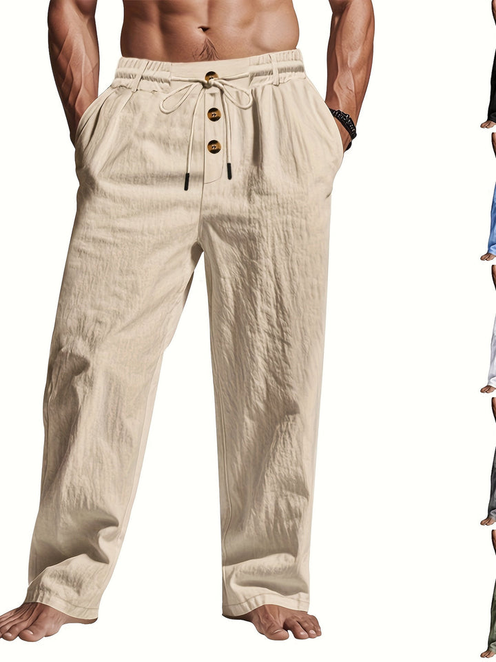 Rechte pijp heren linnen broek in lichte kleur, met praktisch trekkoord, perfect voor herenmode.