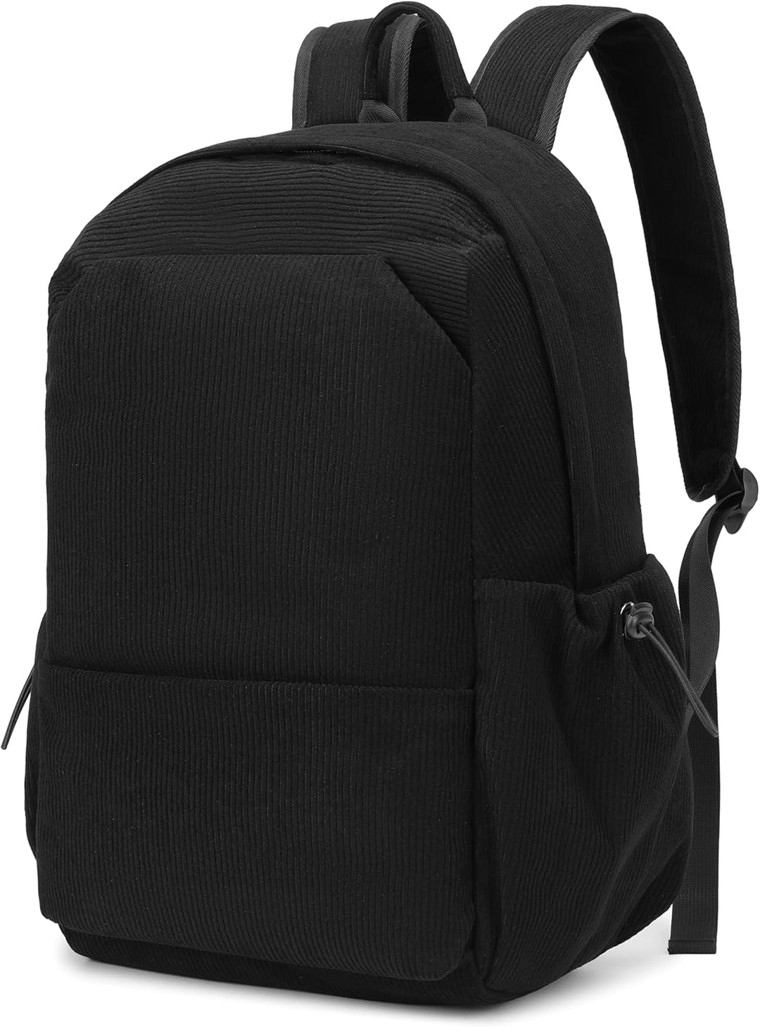 Minimalistische zwarte rugzak, lichtgewicht en duurzaam; geschikt als laptop of dagrugzak.
