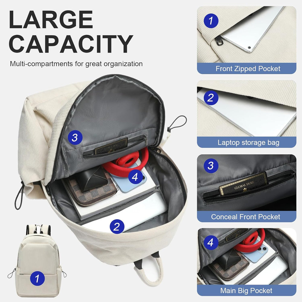 Beige georganiseerde dagrugzak met apart laptopvak; perfect voor documenten en accessoires.
