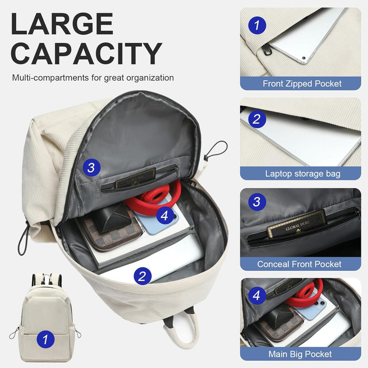 Beige georganiseerde dagrugzak met apart laptopvak; perfect voor documenten en accessoires.