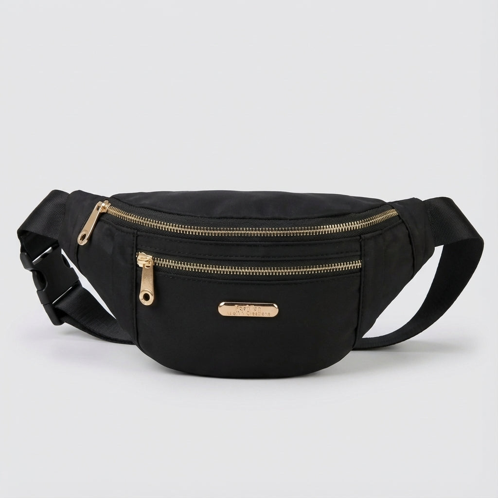Veelzijdige nylon heuptas, draagbaar als crossbody tas voor extra veiligheid onderweg.
