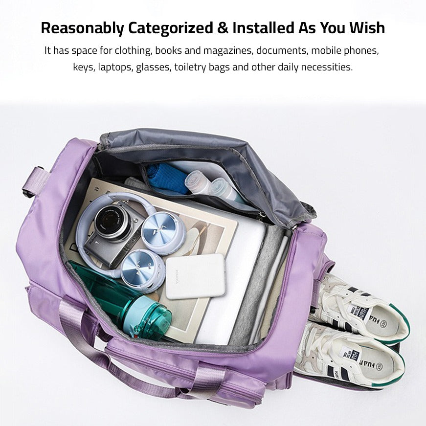 Paarse dames reistas met schoenenvak en meerdere zakken, ideaal voor reizen en sport, stevig en waterdicht.