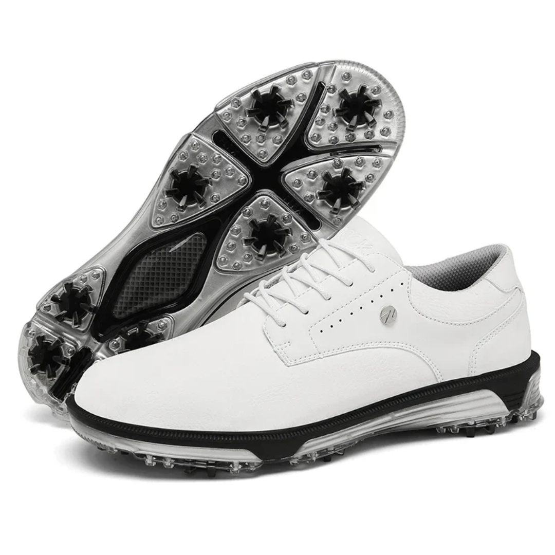 Close-up van de zool van Elston golfschoenen; geavanceerde grip technologie voor maximale stabiliteit en controle op elke ondergrond.