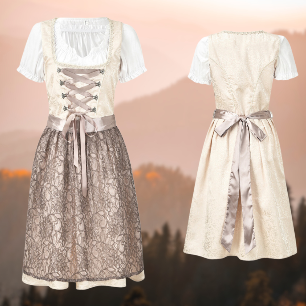 Lina Dirndljurk: Traditionele midi-dirndl met blouse, schort in harmonieuze kleuren, perfecte keuze voor Oktoberfest.