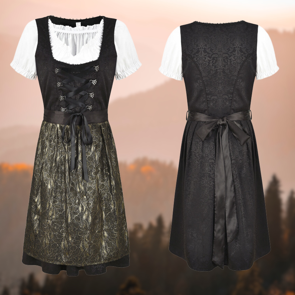 Lina Dirndljurk: Traditionele midi-dirndl met blouse, schort in harmonieuze kleuren, perfecte keuze voor Oktoberfest.