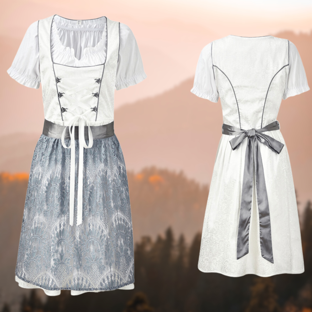 Lina Dirndljurk: Traditionele midi-dirndl met blouse, schort in harmonieuze kleuren, perfecte keuze voor Oktoberfest.
