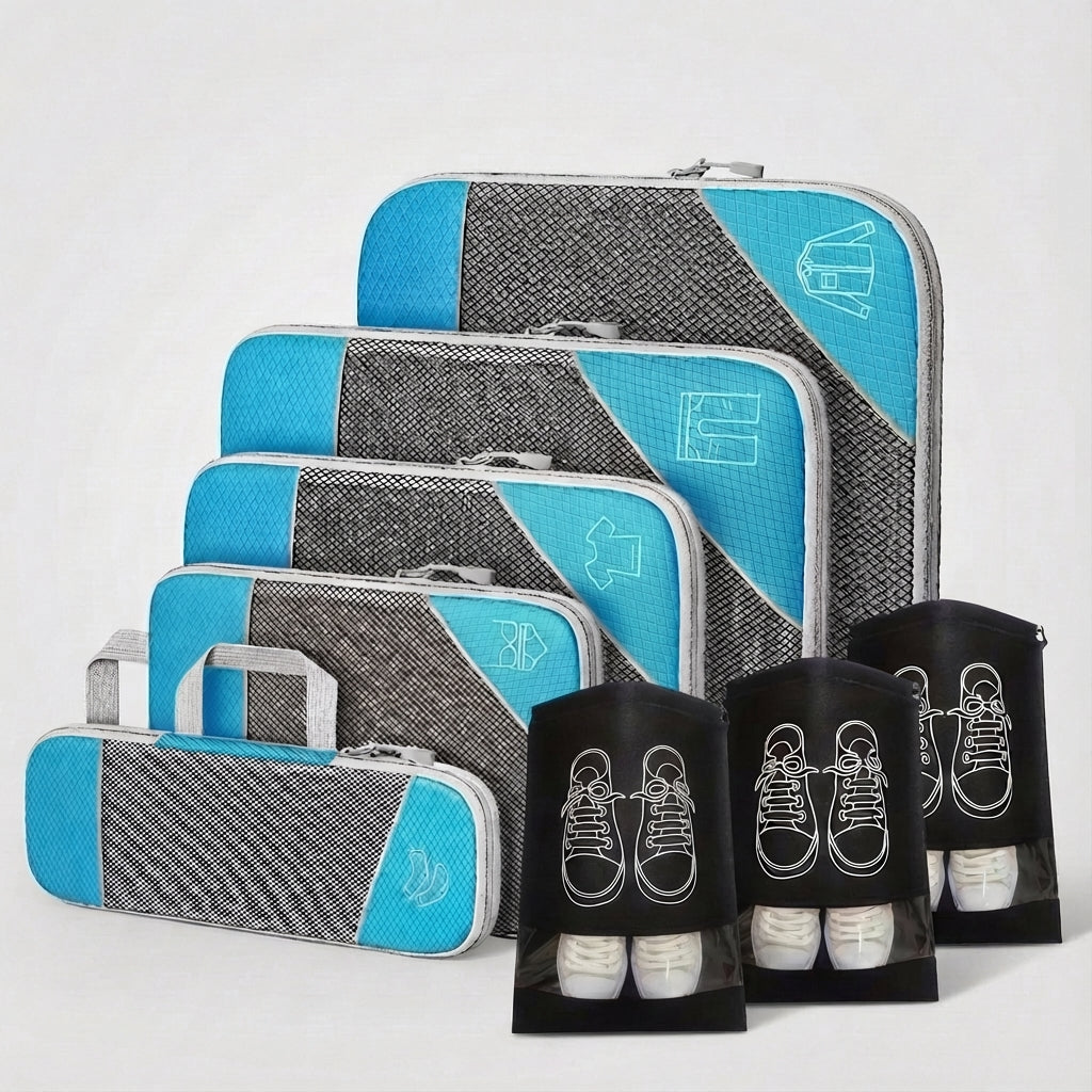 Overzicht van de LiteCube set, compleet met diverse packing cubes voor de ultieme reisorganisatie en gemak.