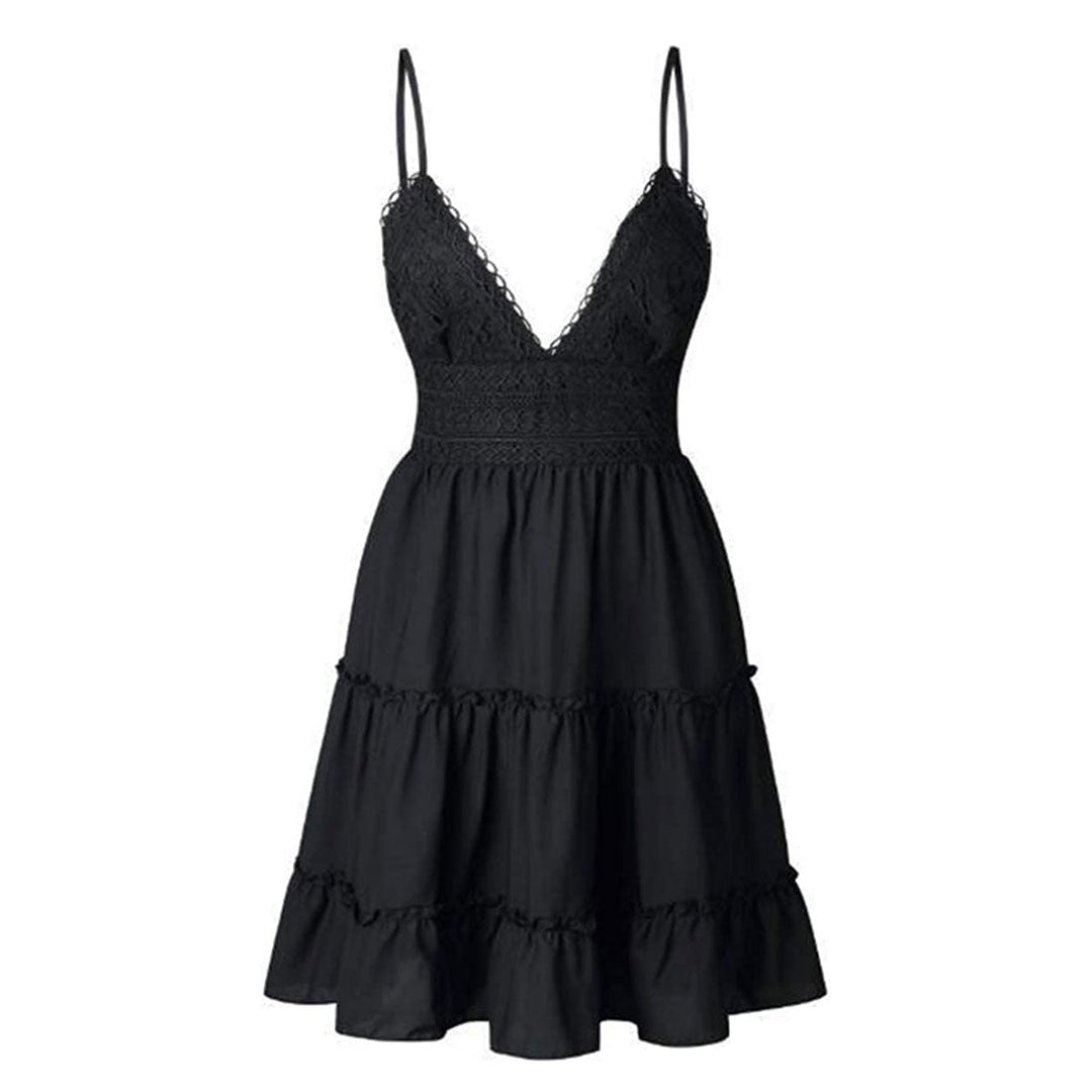 Luchtige dames mini-jurk met V-hals en spaghettibandjes. Perfecte zomerjurk in boho stijl, ook in grote maten.
