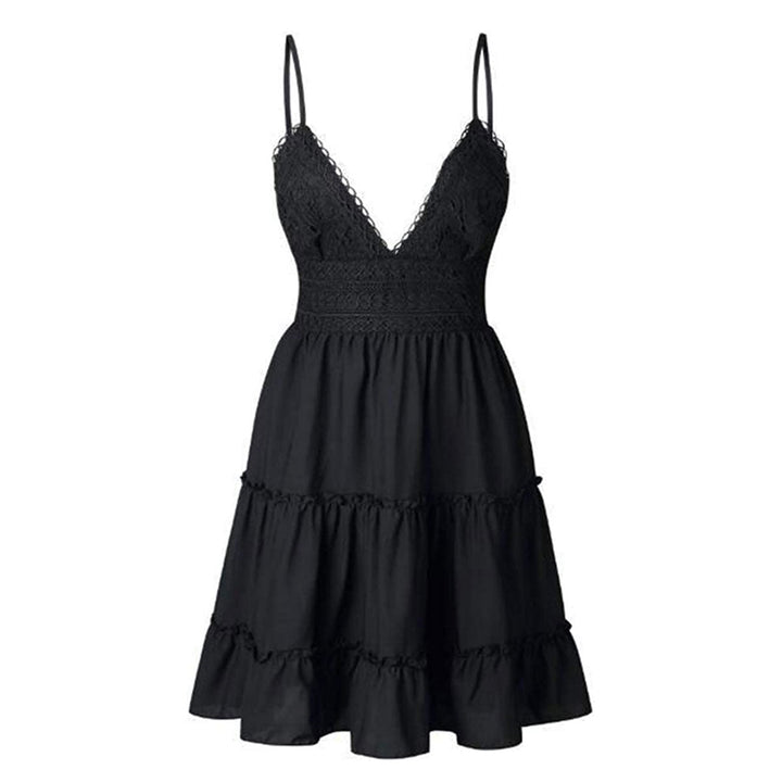 Luchtige dames mini-jurk met V-hals en spaghettibandjes. Perfecte zomerjurk in boho stijl, ook in grote maten.