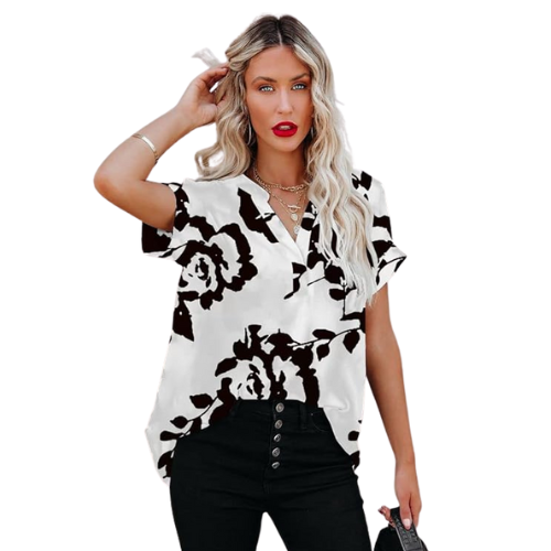 Luchtige chiffon blouse voor dames in wit, met korte mouwen en een elegante ronde hals, perfect voor de zomer.