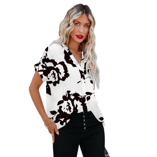 Luchtige chiffon blouse voor dames in wit, met korte mouwen en een elegante ronde hals, perfect voor de zomer.