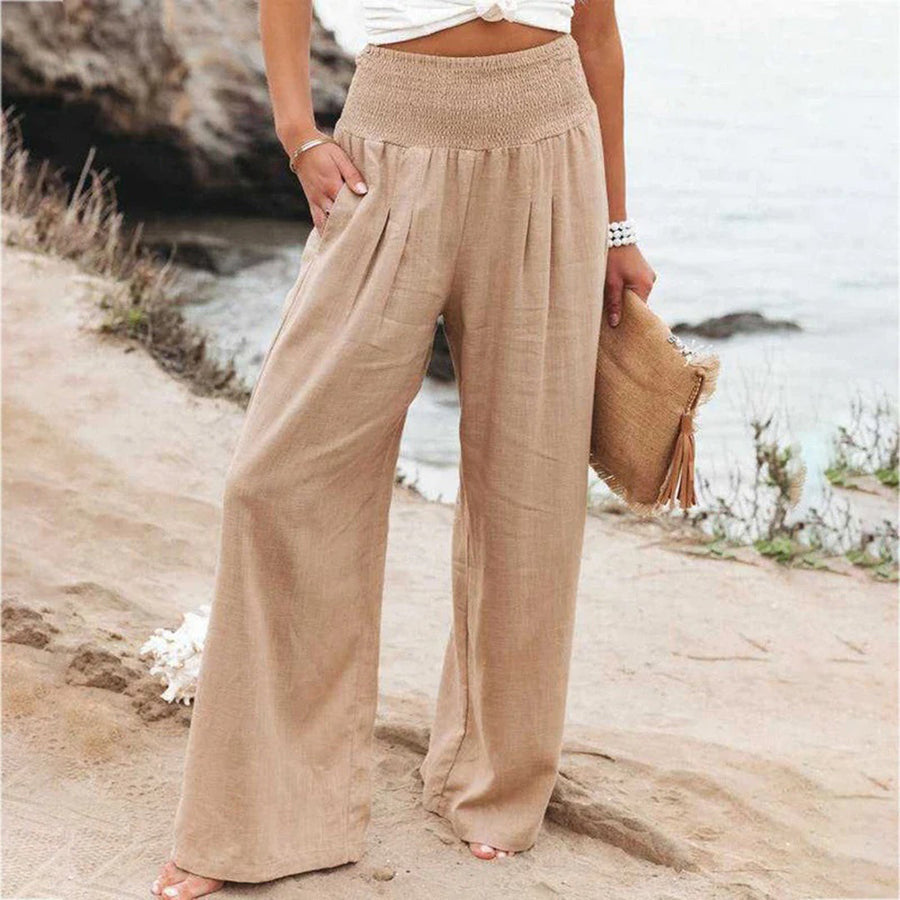 Luchtige zomerbroek voor dames, elegant in beige, perfecte pasvorm met vloeiend silhouet, ideaal voor elke gelegenheid.