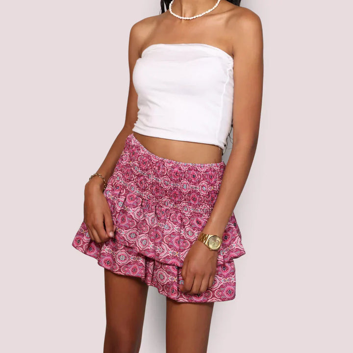 Luchtige, roze dames zomerrok met bloemenprint, ideaal voor warme dagen. Elegante, ademende damesrok.