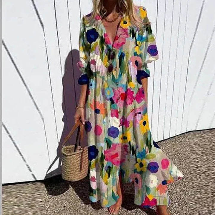Luchtige Boho-maxijurk met V-hals, kleurrijke patronen, ideaal voor de zomer, veelzijdig en comfortabel voor elke gelegenheid.