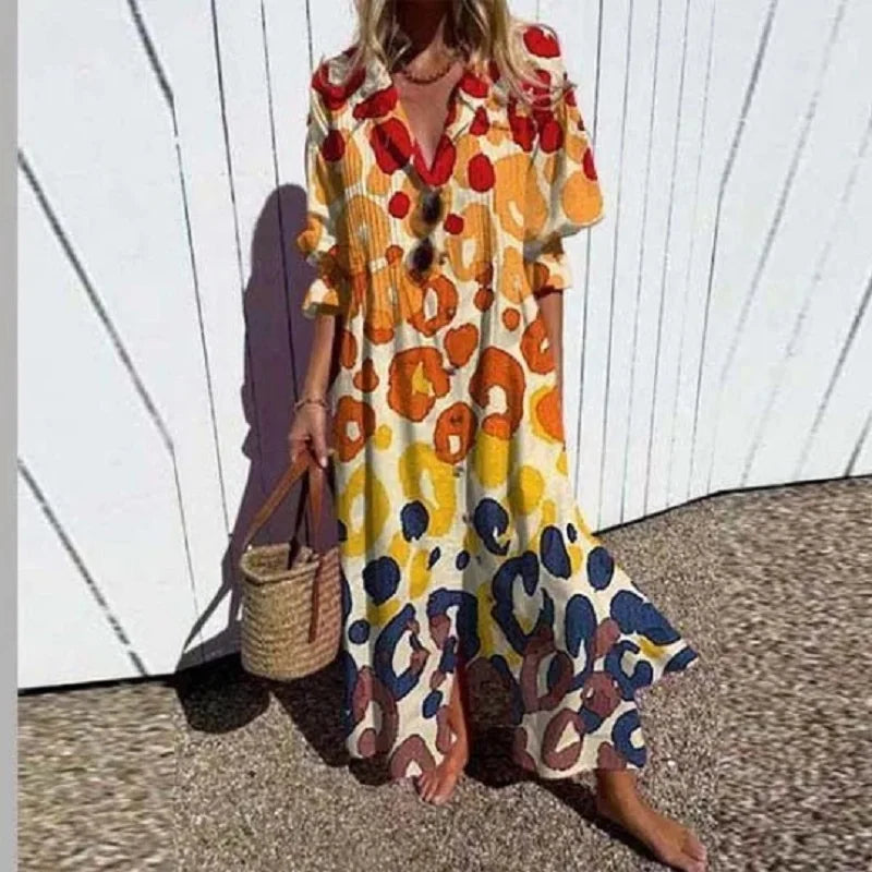 Luchtige Boho-maxijurk met V-hals, kleurrijke patronen, ideaal voor de zomer, veelzijdig en comfortabel voor elke gelegenheid.