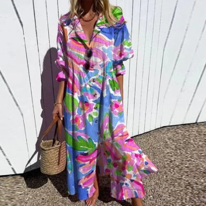 Luchtige Boho-maxijurk met V-hals, kleurrijke patronen, ideaal voor de zomer, veelzijdig en comfortabel voor elke gelegenheid.