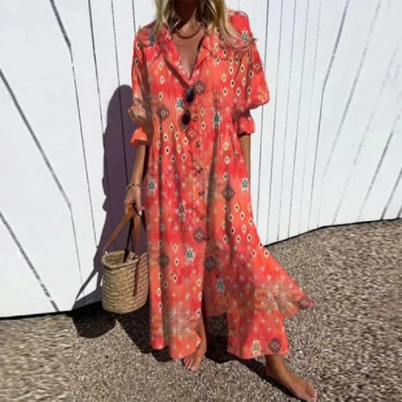 Luchtige Boho-maxijurk met V-hals, kleurrijke patronen, ideaal voor de zomer, veelzijdig en comfortabel voor elke gelegenheid.