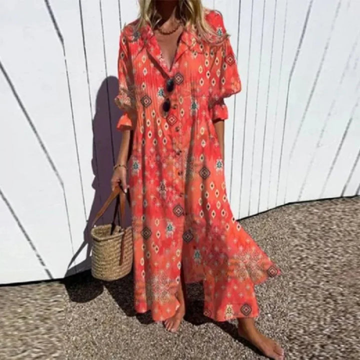 Luchtige Boho-maxijurk met V-hals, kleurrijke patronen, ideaal voor de zomer, veelzijdig en comfortabel voor elke gelegenheid.