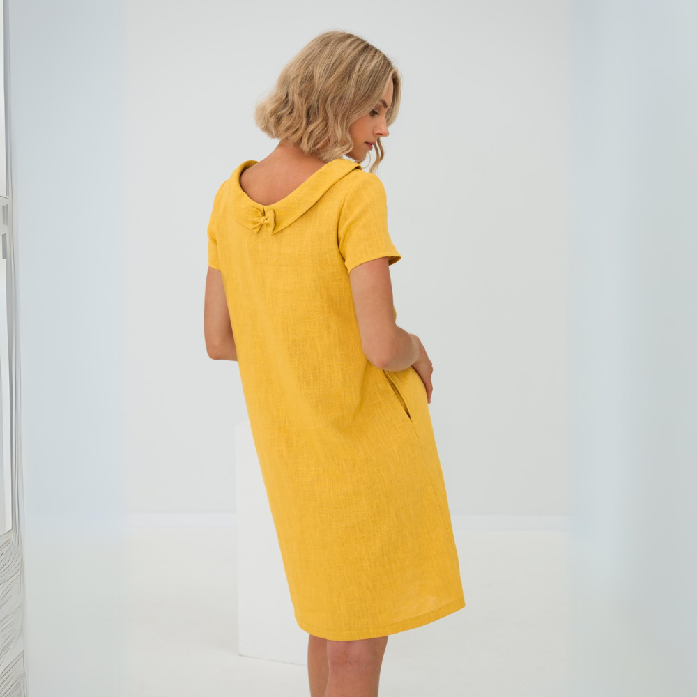 Luchtige zomerjurk voor dames van linnen-katoenmix met korte mouwen in geel, zwart, babyblauw, donkerblauw, ideaal voor een stijlvolle zomer