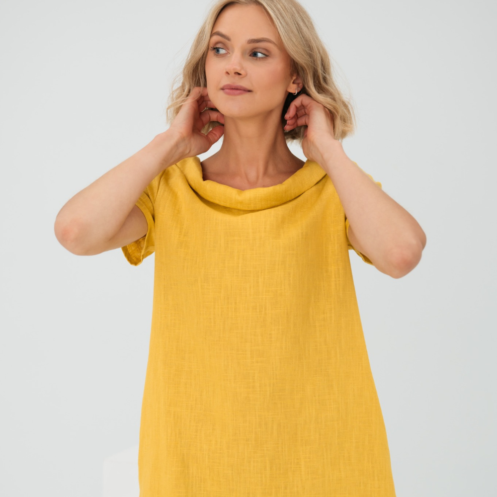 Luchtige zomerjurk voor dames van linnen-katoenmix met korte mouwen in geel, zwart, babyblauw, donkerblauw, ideaal voor een stijlvolle zomer