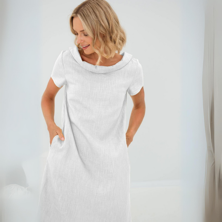 Luchtige zomerjurk voor dames van linnen-katoenmix met korte mouwen in geel, zwart, babyblauw, donkerblauw, ideaal voor een stijlvolle zomer