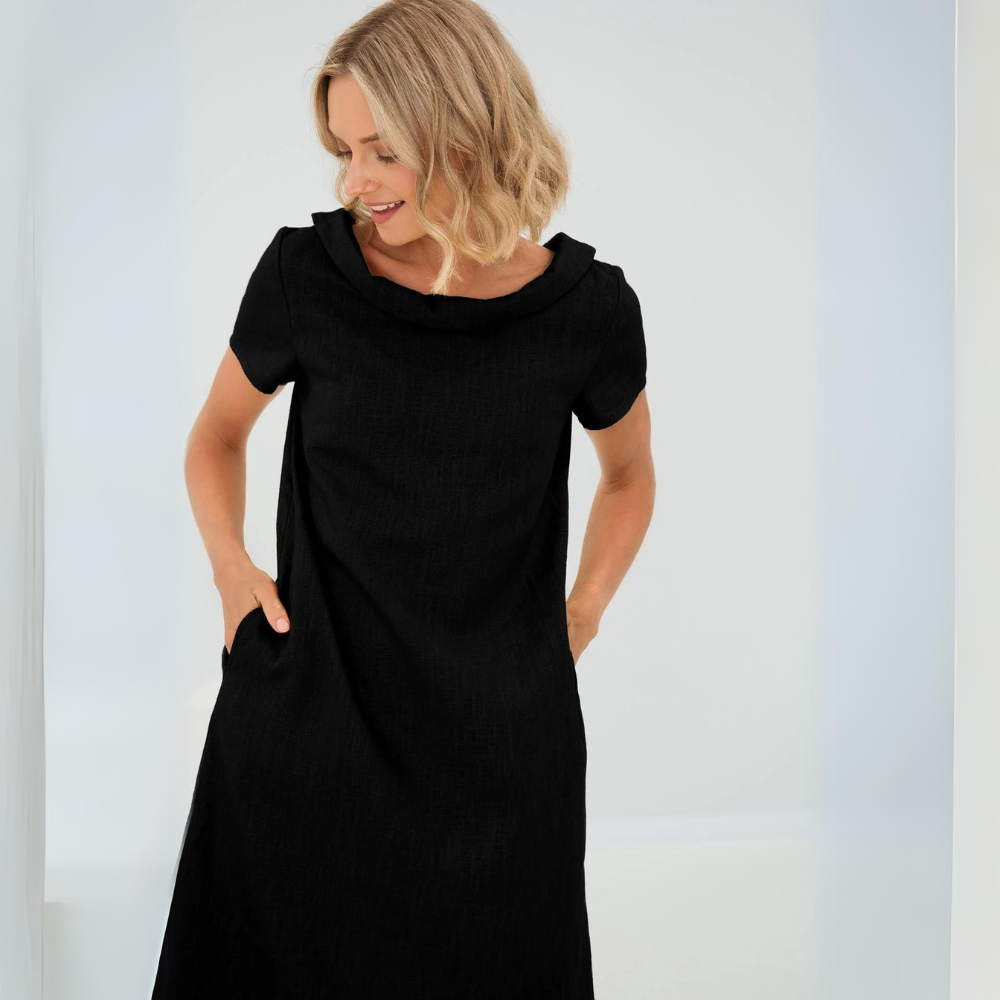Luchtige zomerjurk voor dames van linnen-katoenmix met korte mouwen in geel, zwart, babyblauw, donkerblauw, ideaal voor een stijlvolle zomer