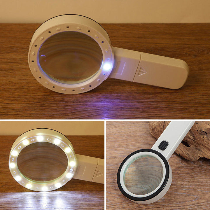Vergrootglas met 30x vergroting, groot glas, twaalf LED-lampen, seniorenvriendelijk, gedetailleerde weergave.