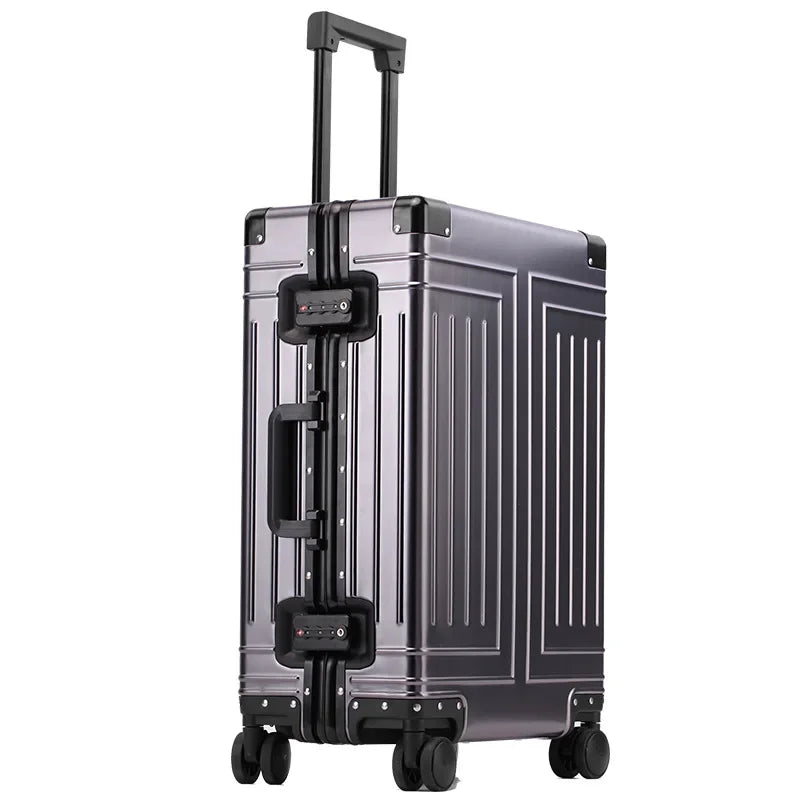 Duurzame unisex aluminium trolley koffer met 4 wielen; ideaal voor soepel en veilig reizen met bagage.