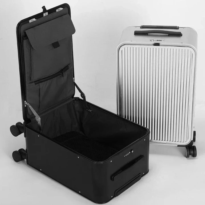 Stijlvolle aluminium bagage koffer Valparaíso met soepele wielen, voor comfortabel en duurzaam reizen.