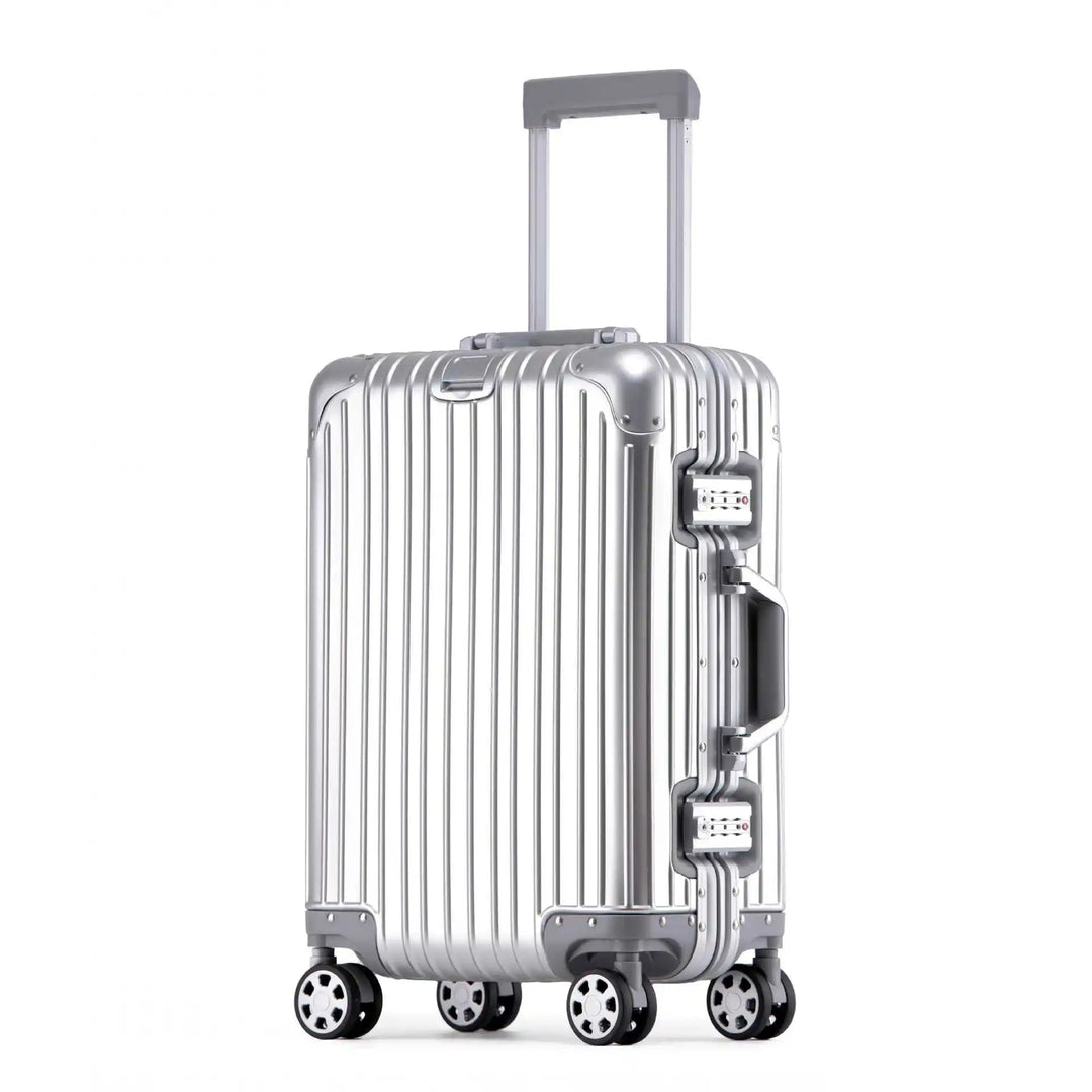 Glanzende aluminium-magnesium reiskoffer, robuust met luxe uitstraling, geschikt voor alle avonturen.