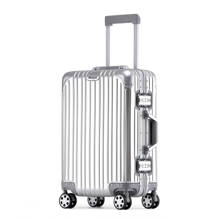 Glanzende aluminium-magnesium reiskoffer, robuust met luxe uitstraling, geschikt voor alle avonturen.