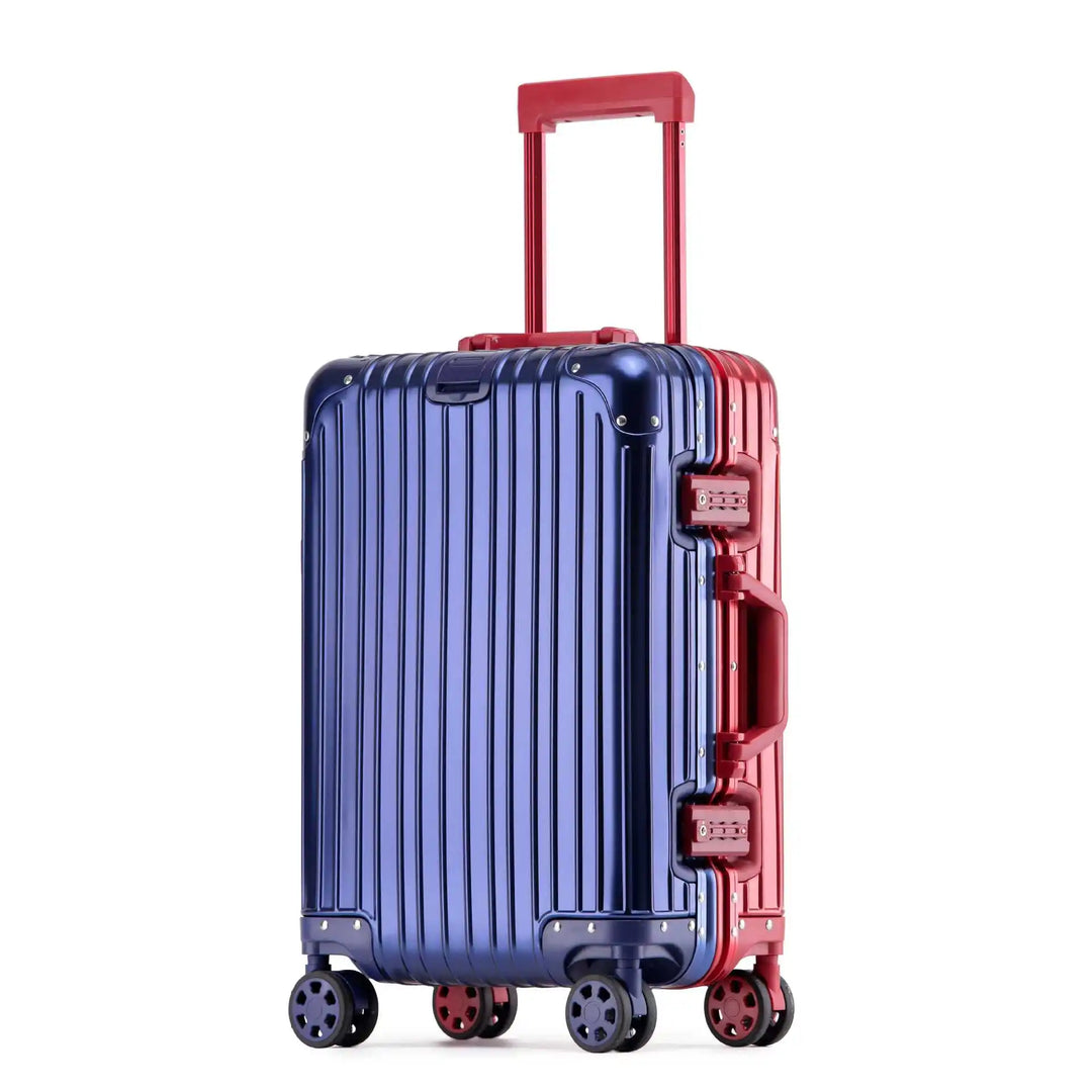 Robuuste Tirana aluminium-magnesium koffer met 4 dubbele wielen en TSA slot voor veilige vakanties.