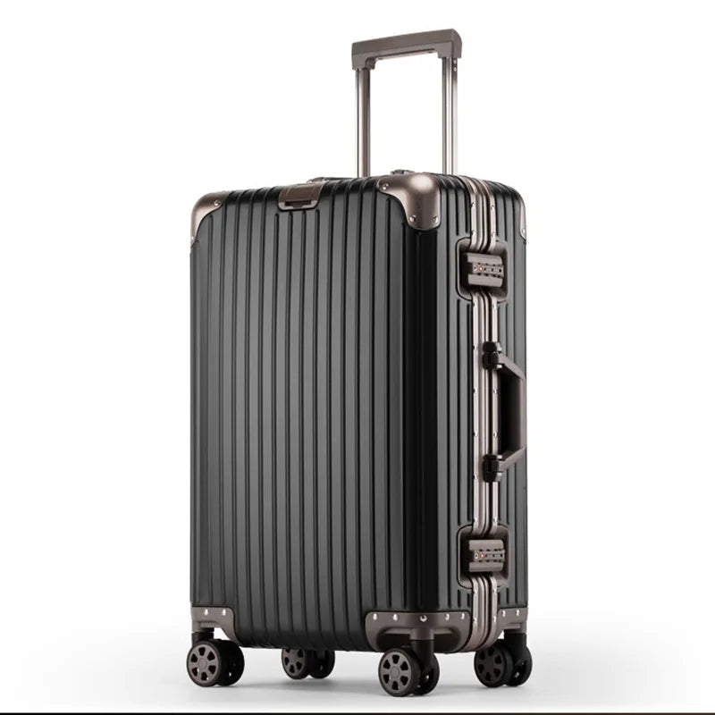 Praktische aluminium-magnesium bagagekoffer met soepele wielen, ideaal voor lange reizen en vakanties.