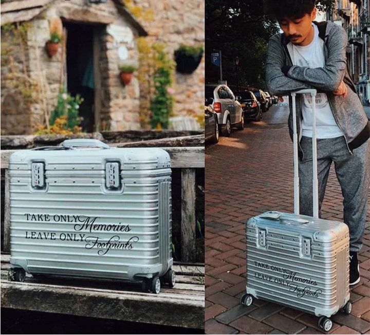 Stijlvolle aluminium koffer 'Monaco' met 360° spinnerwielen en geïntegreerd TSA-slot, ideaal voor reizen.