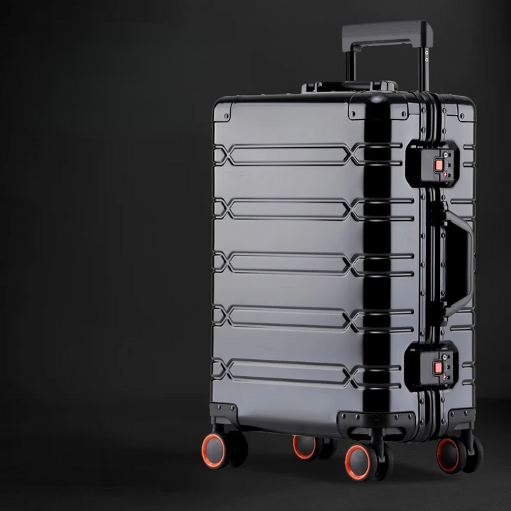 Duurzame aluminium-magnesium reiskoffer, bestand tegen intensief gebruik; met TSA-slot voor extra veiligheid.
