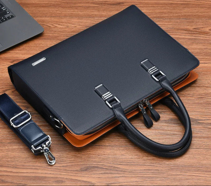 Luxe blauwe Portaro heren laptoptas voor 14/15 inch laptops; stijlvolle aktetas voor zakelijk gebruik.