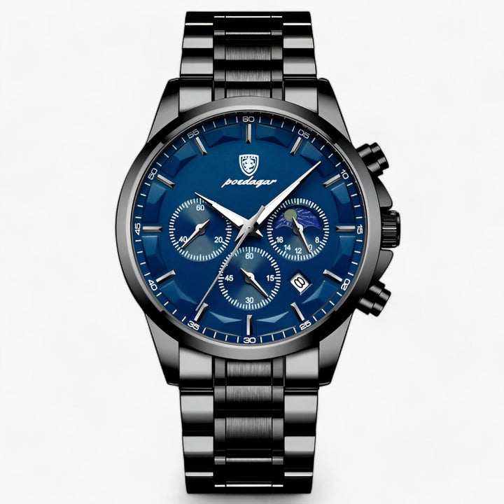Bovenste aanzicht van het Cassian herenhorloge, benadrukt de verfijnde afwerking van de kast en wijzerplaat.