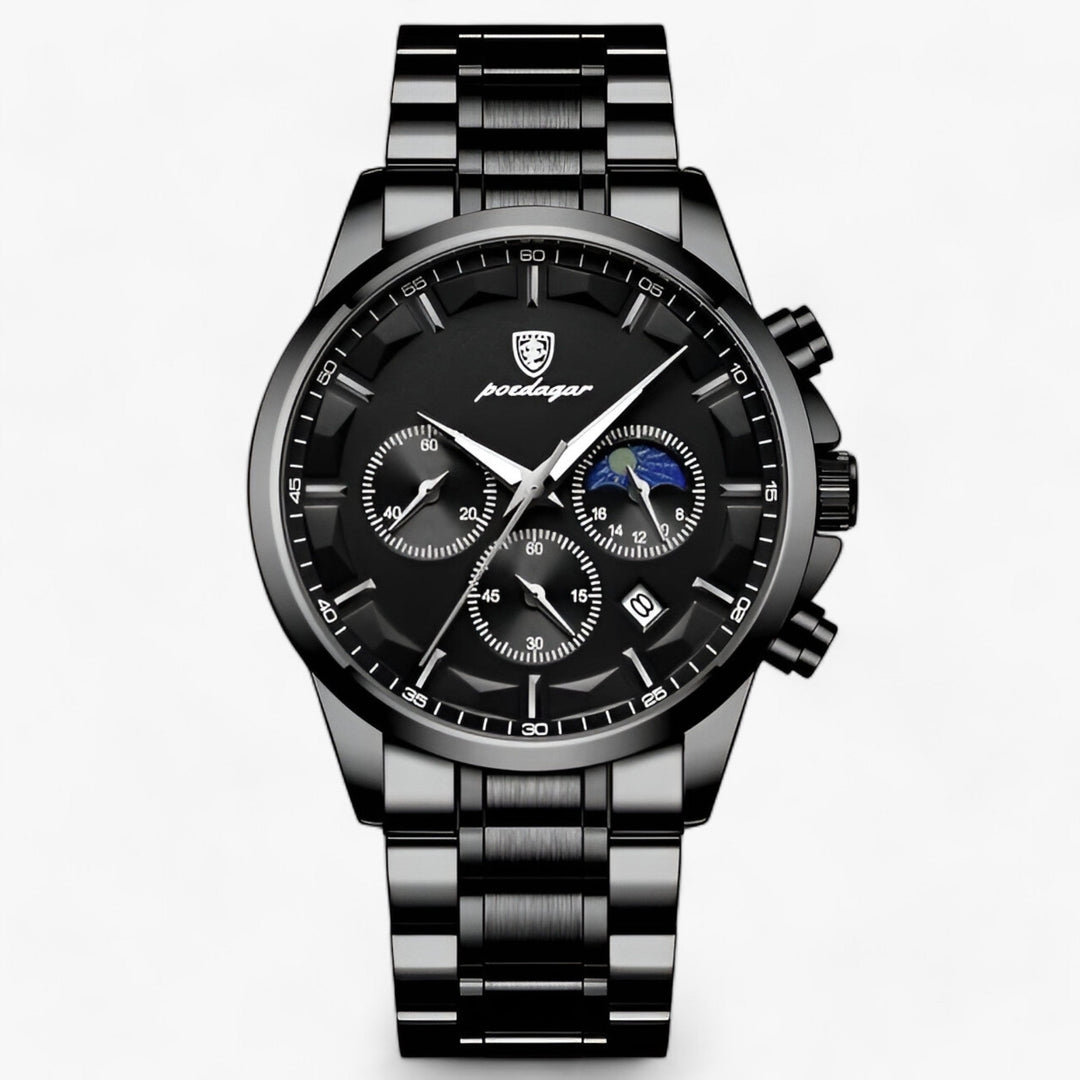 Gedetailleerde foto van het glas en de wijzers van het Cassian luxe herenhorloge, symbool van precisie en tijdloze elegantie.