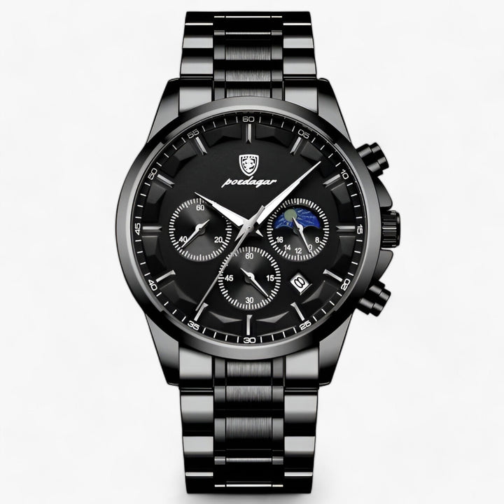 Gedetailleerde foto van het glas en de wijzers van het Cassian luxe herenhorloge, symbool van precisie en tijdloze elegantie.