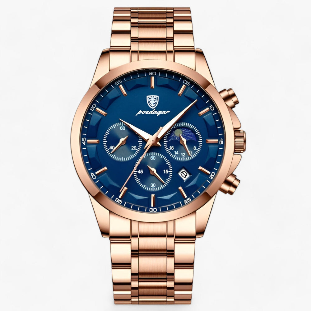 Cassian herenhorloge op leren band, toont precisie uurwerk, waterdicht. Tijdloos en elegant voor herenmode.