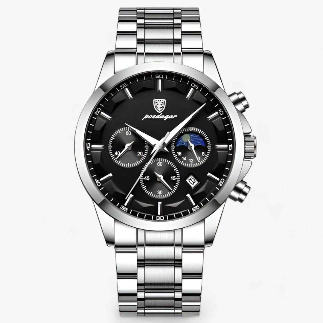 Zijkant van het Cassian luxe herenhorloge, toont slanke profiel en kroon. Precisie en elegantie voor elke man.