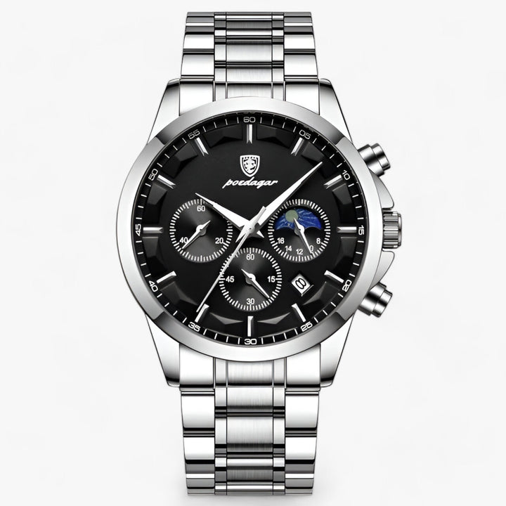 Zijkant van het Cassian luxe herenhorloge, toont slanke profiel en kroon. Precisie en elegantie voor elke man.